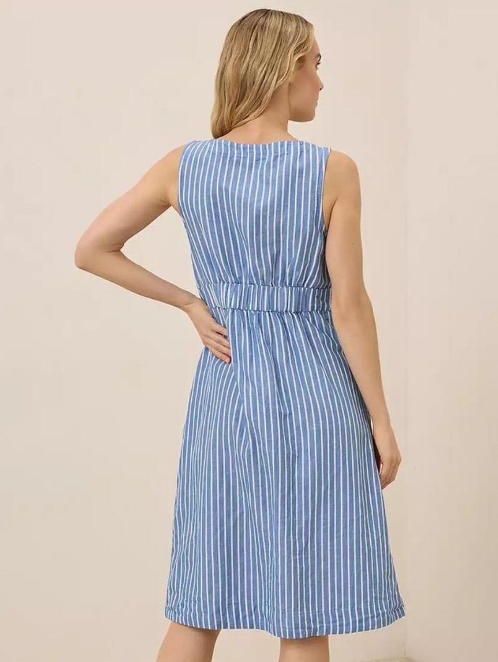 Pact Organic Canopy Linen Blend Button-Front Midi Dress In Bondi Stripe - Picture 2 of 16